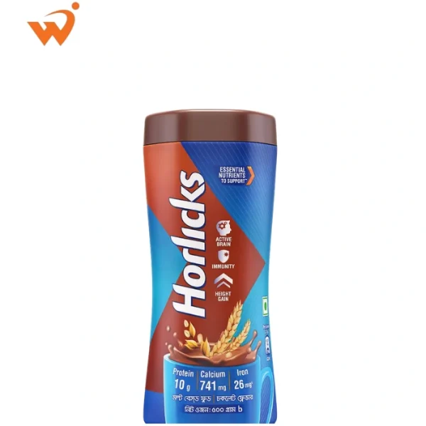 Horlicks Chocolate 500gm jar with a rich brown label showing a swirl of chocolate and a glass of creamy malted drink.