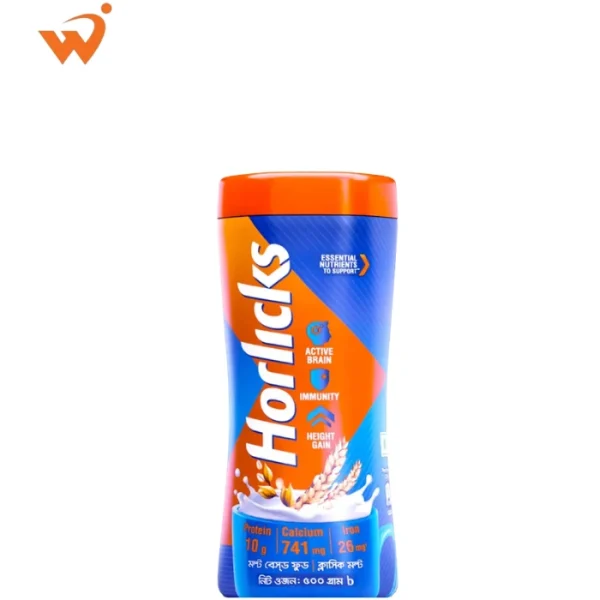 Horlicks Classic Malt 500gm iconic blue jar with an orange lid featuring the "5 Signs of Growth" nutrition seal.