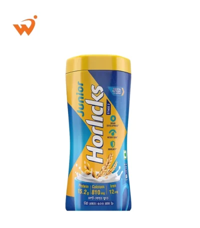 Junior Horlicks 450gm jar featuring a colorful label with illustrations of a growing child and essential nutrients for early development.