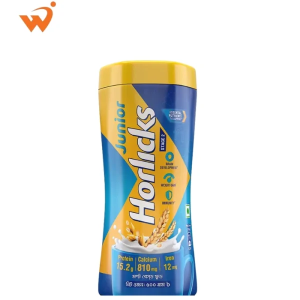 Junior Horlicks 450gm jar featuring a colorful label with illustrations of a growing child and essential nutrients for early development.