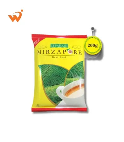 Ispahani Mirzapore Best Leaf Tea 200gm large poly-bag featuring the classic green and orange design with high-quality tea leaves and a gold seal.