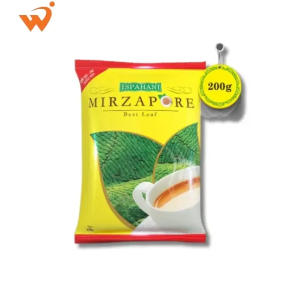 Ispahani Mirzapore Best Leaf Tea 200gm large poly-bag featuring the classic green and orange design with high-quality tea leaves and a gold seal.