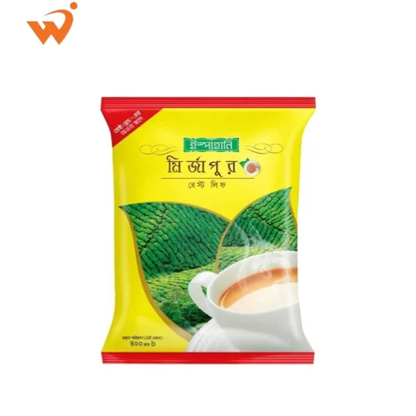 Ispahani Mirzapore Best Leaf Tea 400gm large poly-bag featuring the classic green and orange design with high-quality tea leaves and a gold seal.