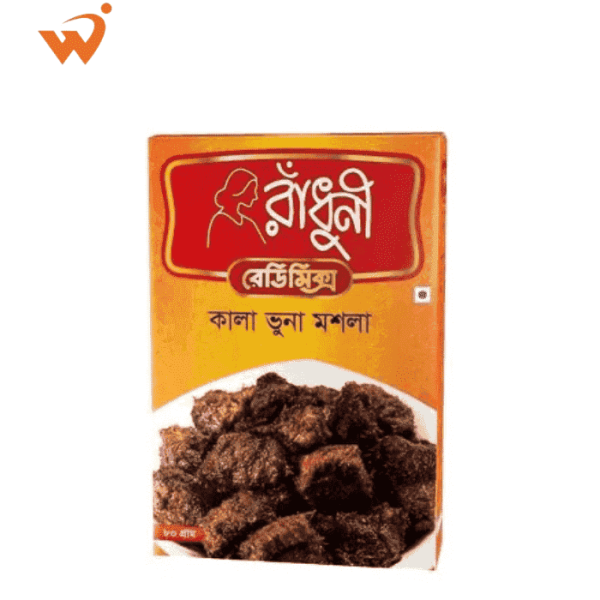 An 80gm box of Radhuni Kala Bhuna Masala for dark, spicy beef.