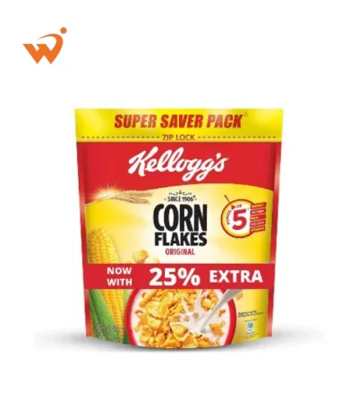 Kellogg's Corn Flakes Original 1.1kg jumbo box featuring the classic red rooster logo and a bowl of golden flakes with fresh milk and strawberries.