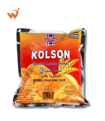 Kolson Lachha Shemai 180gm transparent packet showing a dense nest of fine, golden-fried vermicelli with a blue and red Kolson logo.