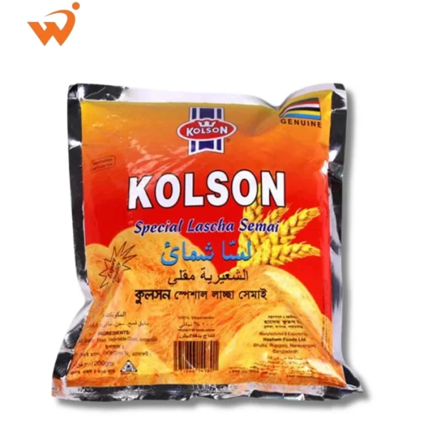 Kolson Lachha Shemai 180gm transparent packet showing a dense nest of fine, golden-fried vermicelli with a blue and red Kolson logo.