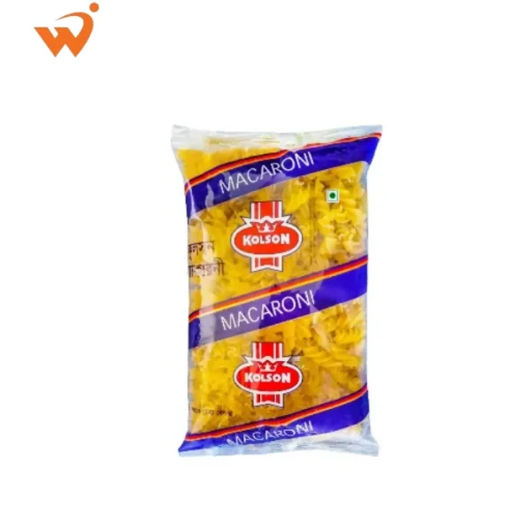 Kolson Macaroni Pasta Screw 400gm transparent packet showing spiral-shaped pasta twists made from golden durum wheat.