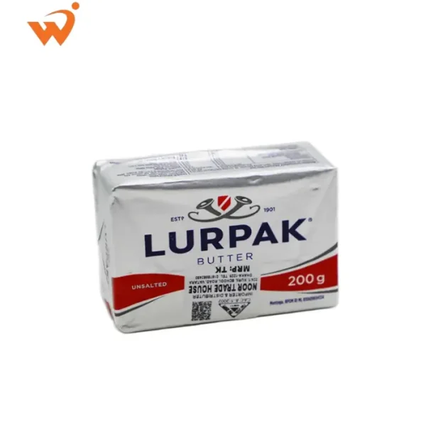 Lurpak Unsalted Butter 200gm silver foil block showing the iconic blue branding and pure creamy butter texture.