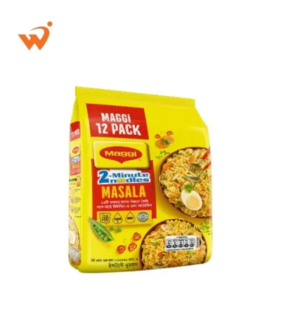 Maggi 2-Minute Noodles Masala 744gm mega pack containing 12 individual yellow packets, featuring the classic noodles-on-a-fork visual and fresh vegetable illustrations.