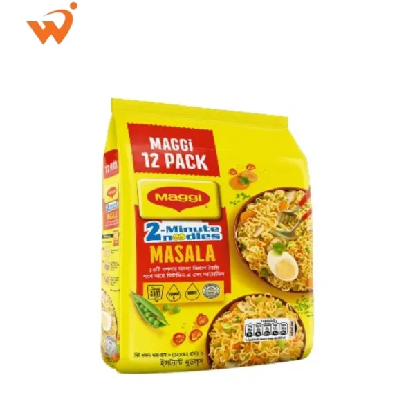 Maggi 2-Minute Noodles Masala 744gm mega pack containing 12 individual yellow packets, featuring the classic noodles-on-a-fork visual and fresh vegetable illustrations.