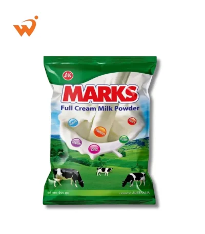Marks Instant Full Cream Milk Powder 500gm blue and yellow foil pack with a glass of creamy milk and fresh green pasture illustration.