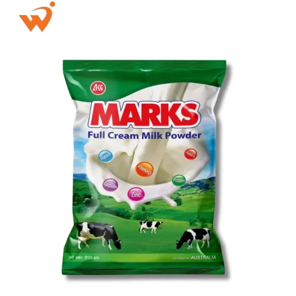Marks Instant Full Cream Milk Powder 500gm blue and yellow foil pack with a glass of creamy milk and fresh green pasture illustration.