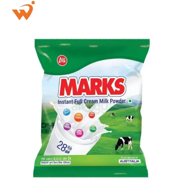 Marks Instant Full Cream Milk Powder 200gm blue and yellow foil pack with a glass of creamy milk and fresh green pasture illustration.