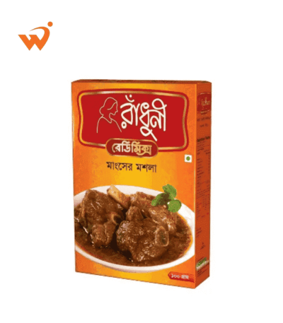 A 100gm packet of Radhuni Meat Curry Masala for beef or mutton.