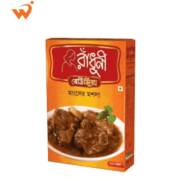 A 100gm packet of Radhuni Meat Curry Masala for beef or mutton.