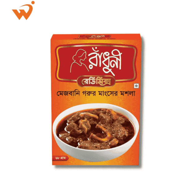 A 68gm box of Radhuni Mejbani Masala for traditional Chittagonian beef curry.