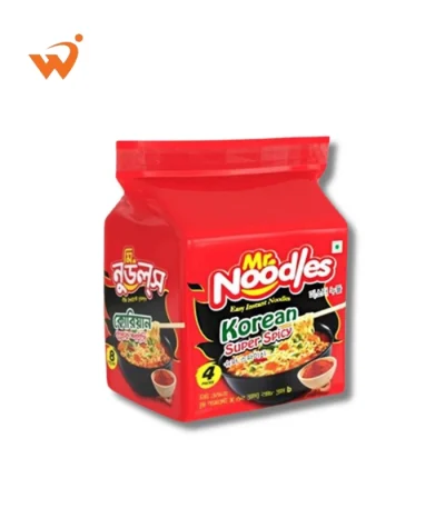Mr. Noodles Korean Super Spicy 248gm pack with a black and fiery red design, featuring a bowl of dark, sauce-coated noodles and red chili graphics.