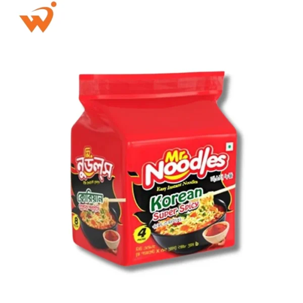 Mr. Noodles Korean Super Spicy 248gm pack with a black and fiery red design, featuring a bowl of dark, sauce-coated noodles and red chili graphics.