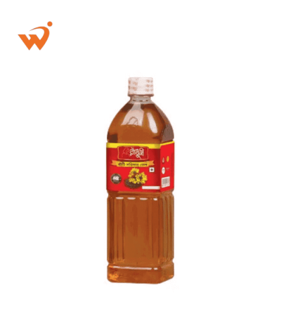 A 500ml bottle of pure Radhuni Mustard Oil (Shorishar Tel).