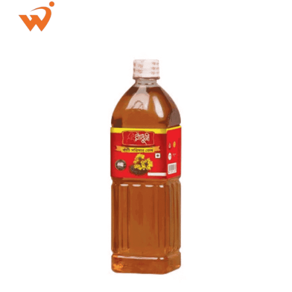 A 500ml bottle of pure Radhuni Mustard Oil (Shorishar Tel).