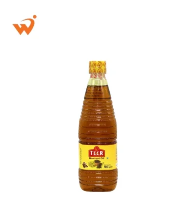 Teer Mustard Oil 500ml bottle showing the deep golden-brown liquid and authentic pungent aroma label.