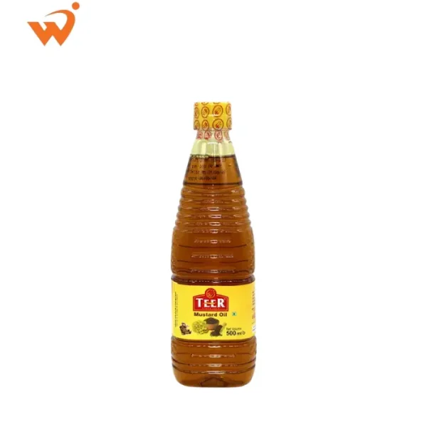 Teer Mustard Oil 500ml bottle showing the deep golden-brown liquid and authentic pungent aroma label.