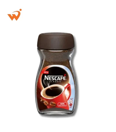 Nescafe Classic 100gm glass jar featuring the signature red mug, dark roasted coffee beans, and rich brown granules.