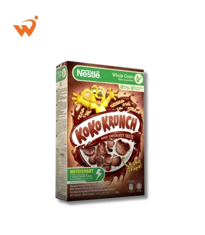 Nestlé Koko Krunch 300gm box featuring the Koko the Koala mascot and a bowl of chocolate petal-shaped cereal splashing into milk.