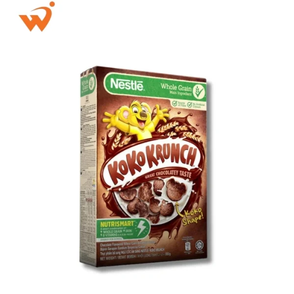Nestlé Koko Krunch 300gm box featuring the Koko the Koala mascot and a bowl of chocolate petal-shaped cereal splashing into milk.