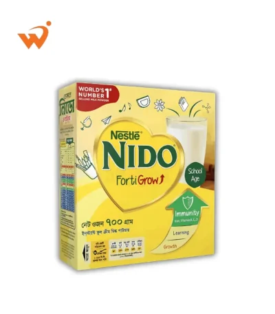 Nido Fortigrow Full Cream Milk Powder 700gm yellow foil pack featuring the iconic Nestlé bird's nest logo and school-aged child illustration.