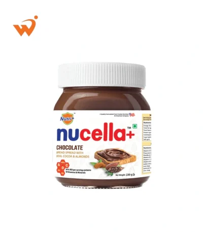 Nucella+ Chocolate Spread 230gm jar showing a swirl of dark cocoa and creamy white milk spread on the label.