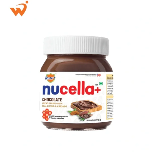 Nucella+ Chocolate Spread 230gm jar showing a swirl of dark cocoa and creamy white milk spread on the label.