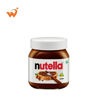 Nutella Hazelnut Spread with Cocoa 350gm glass jar featuring a knife spreading the creamy chocolate on a slice of bread and fresh hazelnuts in the foreground.