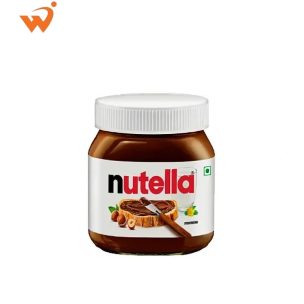 Nutella Hazelnut Spread with Cocoa 350gm glass jar featuring a knife spreading the creamy chocolate on a slice of bread and fresh hazelnuts in the foreground.