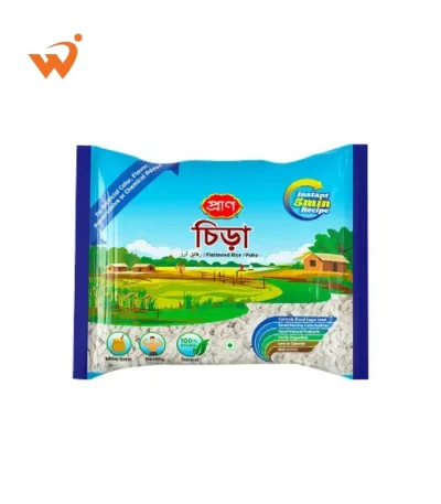 Pran Chira 500gm transparent packet showing clean, flattened white rice flakes with the red and green Pran logo.