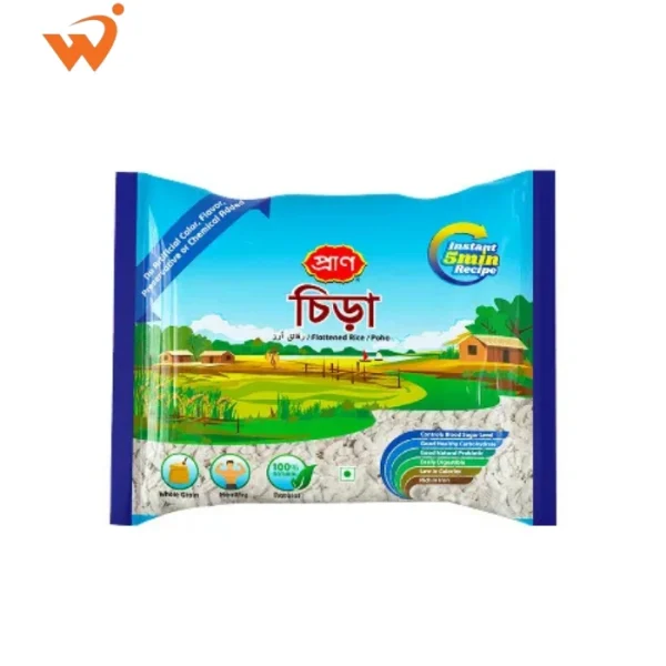 Pran Chira 500gm transparent packet showing clean, flattened white rice flakes with the red and green Pran logo.