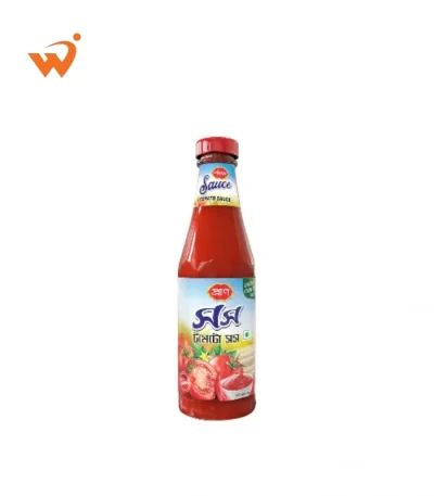 Pran Hot Tomato Sauce 340gm glass bottle featuring vibrant red sauce and fresh chili illustrations on the label.