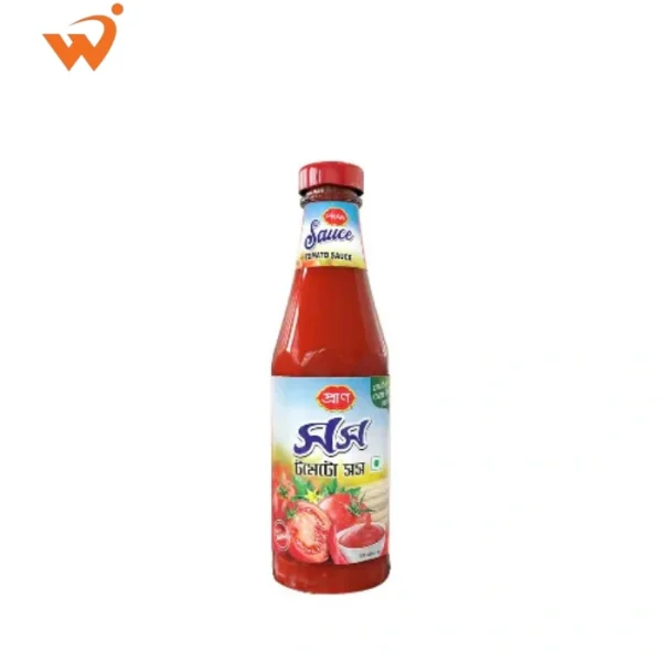 Pran Hot Tomato Sauce 340gm glass bottle featuring vibrant red sauce and fresh chili illustrations on the label.