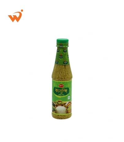 Pran Kasundi 300gm (approx.) glass bottle with a yellow label featuring whole mustard seeds and a bowl of thick mustard sauce.