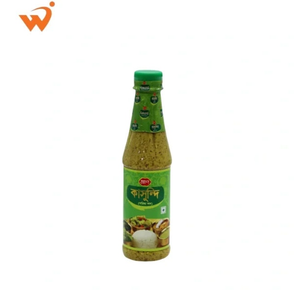 Pran Kasundi 300gm (approx.) glass bottle with a yellow label featuring whole mustard seeds and a bowl of thick mustard sauce.