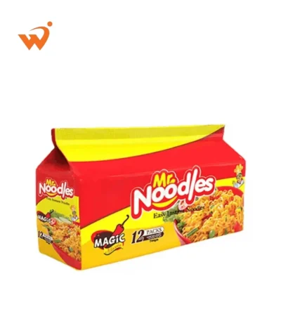 Mr. Noodles Magic Masala 744gm mega pack featuring 12 individual red and yellow packets with an illustration of spicy noodles and fresh chillies.