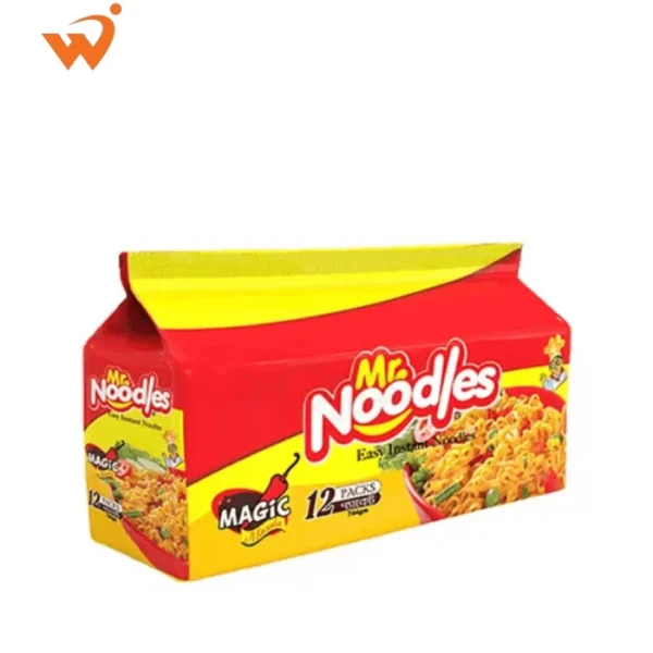 Mr. Noodles Magic Masala 744gm mega pack featuring 12 individual red and yellow packets with an illustration of spicy noodles and fresh chillies.