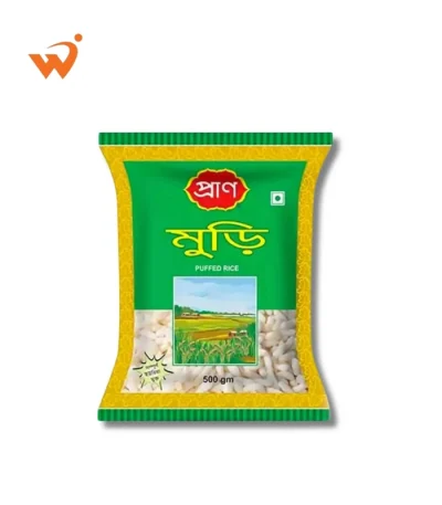 Pran Muri 500gm large transparent packet showing light, crispy, and uniform white puffed rice with the red Pran logo.