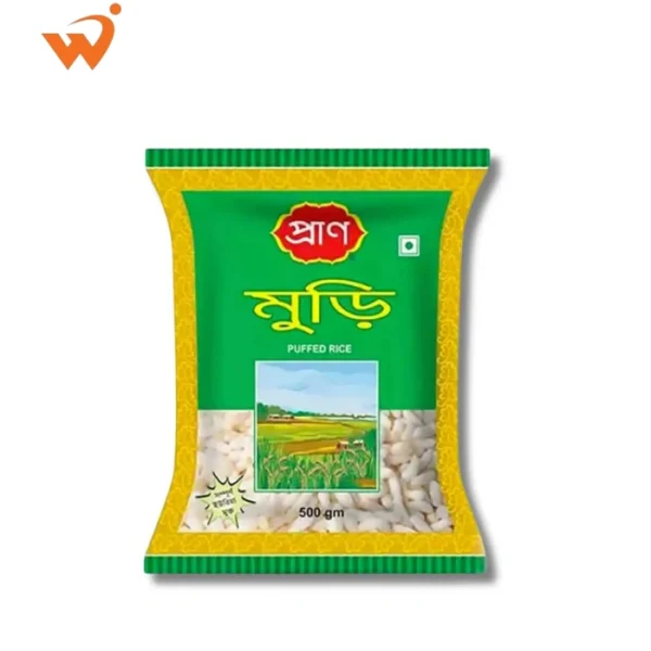 Pran Muri 500gm large transparent packet showing light, crispy, and uniform white puffed rice with the red Pran logo.