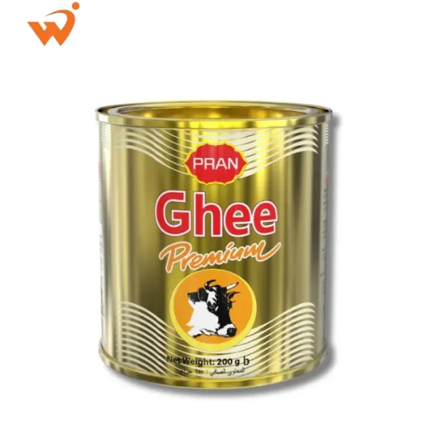 Pran Premium Ghee 200gm glass jar showing rich golden granular texture and traditional branding.
