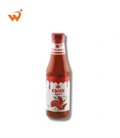 Pran Red Chilli Sauce 340gm glass bottle showing a bright, translucent red sauce with a sleek label featuring fresh red chilies.
