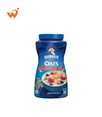 Quaker Oats 450gm (approx.) sturdy plastic jar featuring the iconic blue label and the "Quaker Man" logo with a bowl of warm oats topped with fruits.