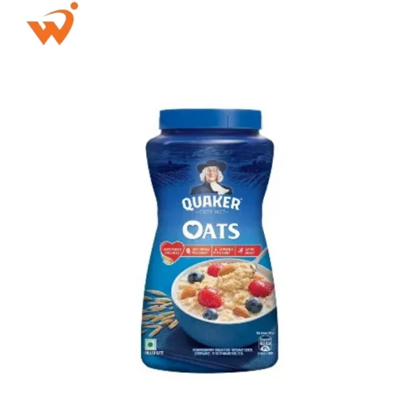 Quaker Oats 450gm (approx.) sturdy plastic jar featuring the iconic blue label and the "Quaker Man" logo with a bowl of warm oats topped with fruits.