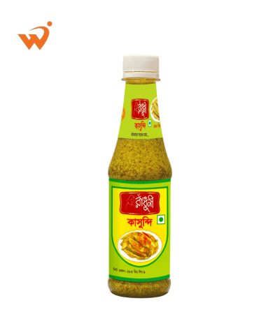 A bottle of Radhuni Kasundi, a traditional tangy Bengali mustard relish.